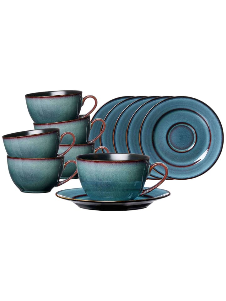 6er Set Kaffeetassen mit Untertassen Bali in Blau 220 ml