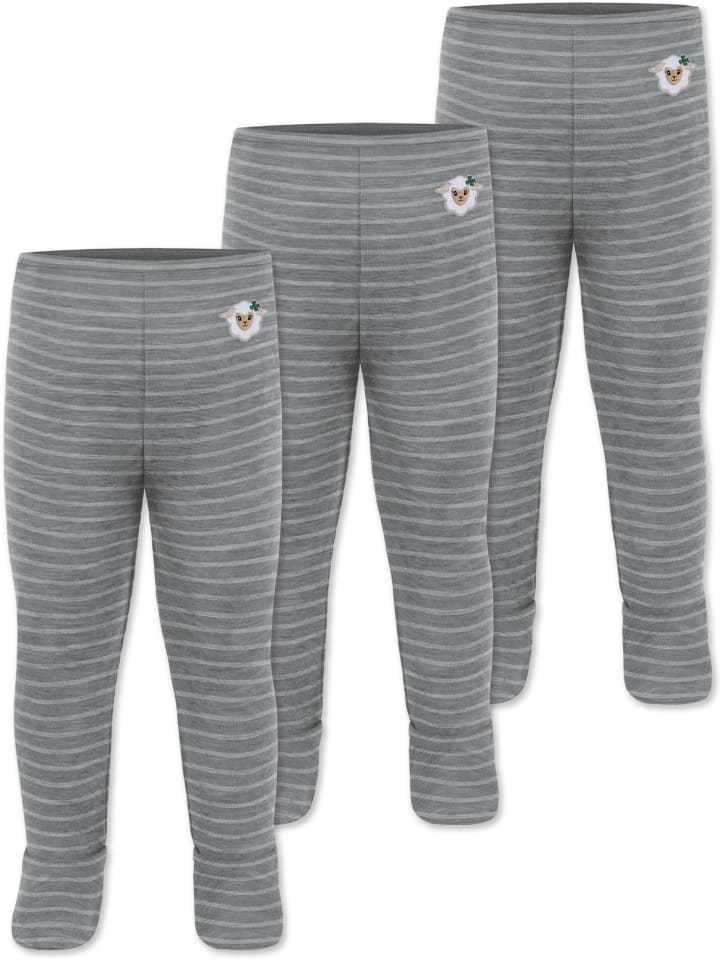 3er Pack Baby Merino Hose mit Füßen in Grau gestreift
