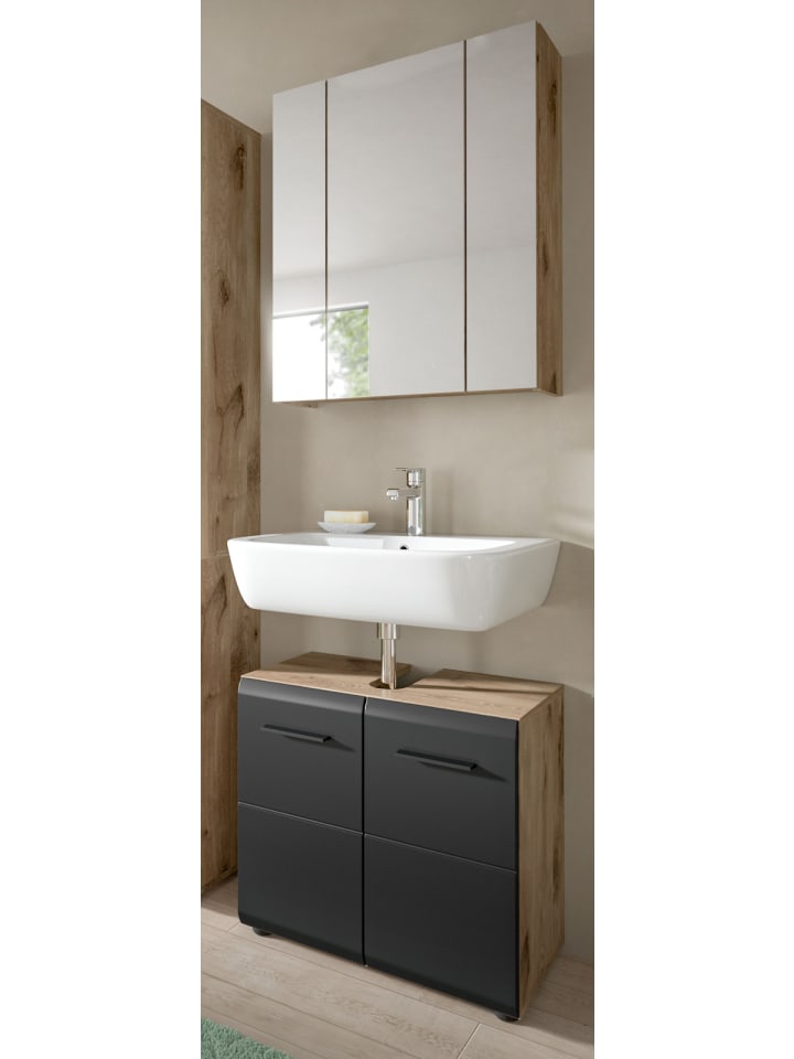 Badmöbel-Set 2-teilig schwarz matt, Eiche 60 cm, Set für Badezimmer, Gäste-WC