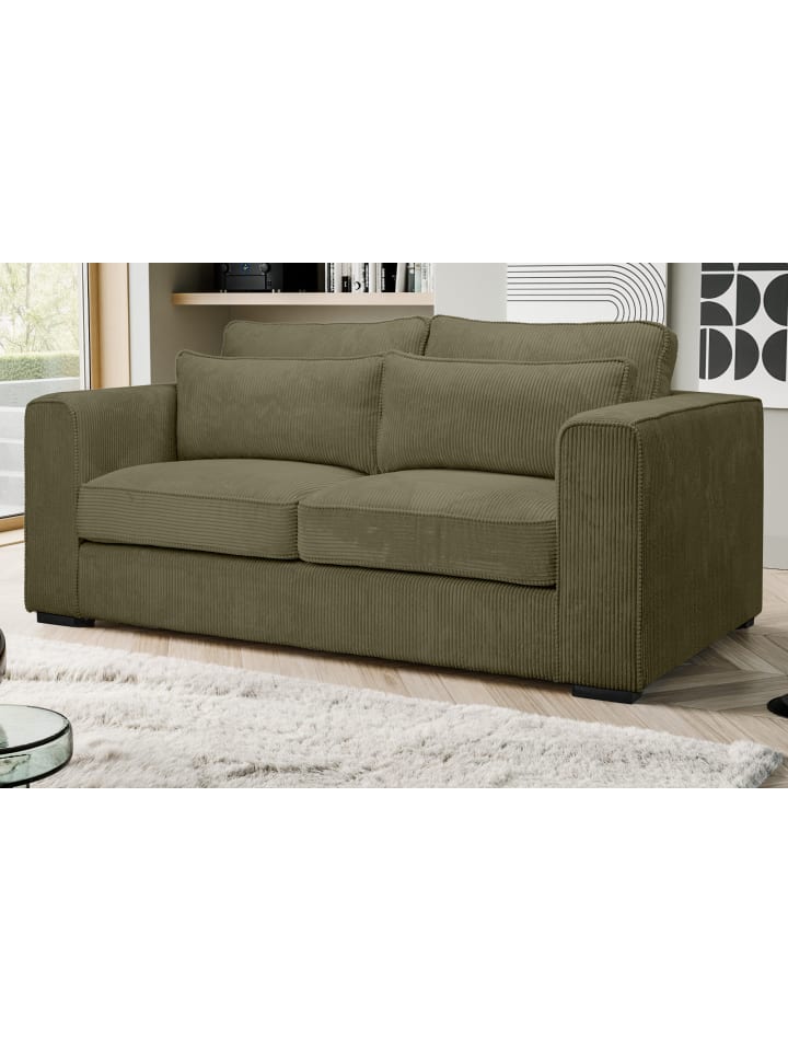 Sofa khaki Cord 2,5-Sitzer 200 cm, Couch mit Wellenfederung