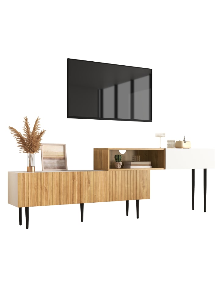 TV Schrank in Weiß Marmor Optik mit Eisenbeinen für Wohnzimmer