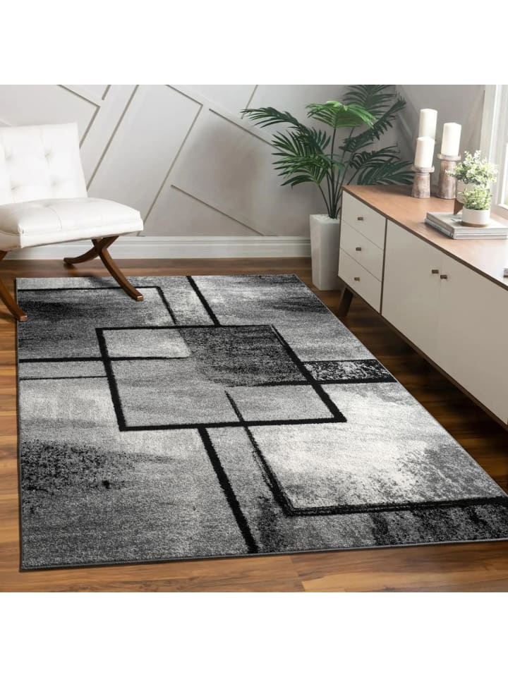 Teppich Kurzflor Geometrisches Quadratmuster schmutzabweisend in Dunkelgrau
