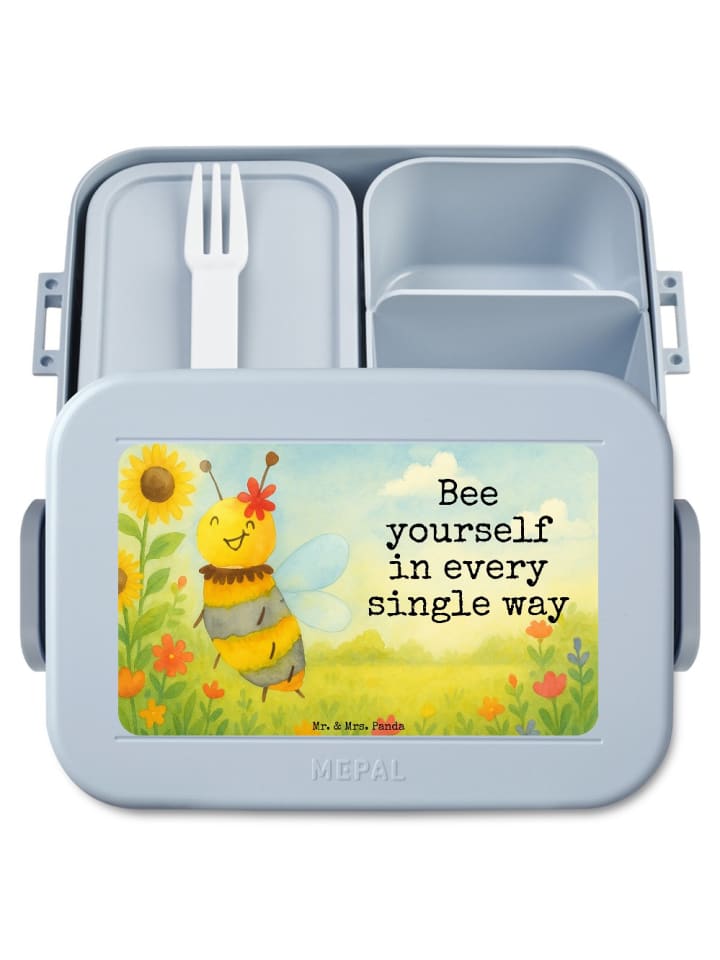 Bentobox Biene Blume Design mit Spruch in Blau Pastell