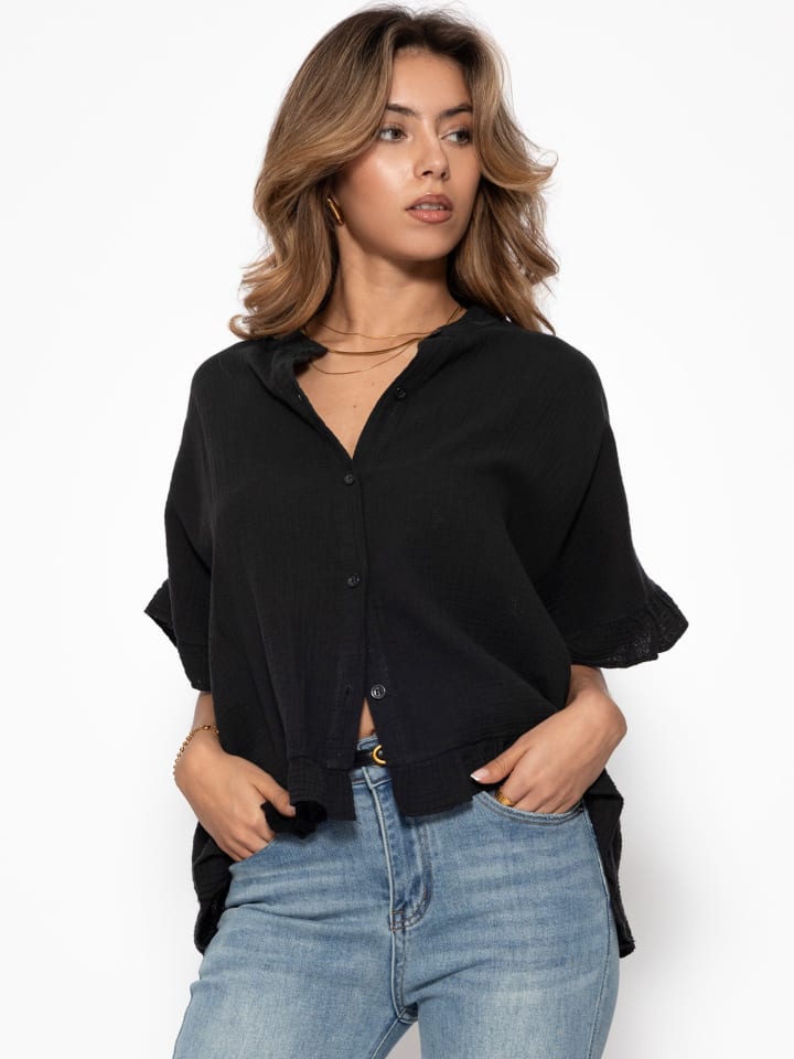 Musselin Bluse mit Rüschensaum in Schwarz