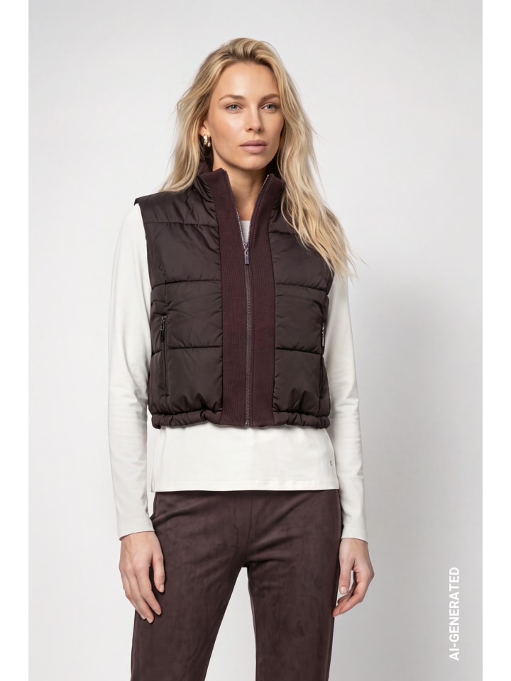 Gesteppte Weste mit Strickdetails und Stehkragen in Black Coffee