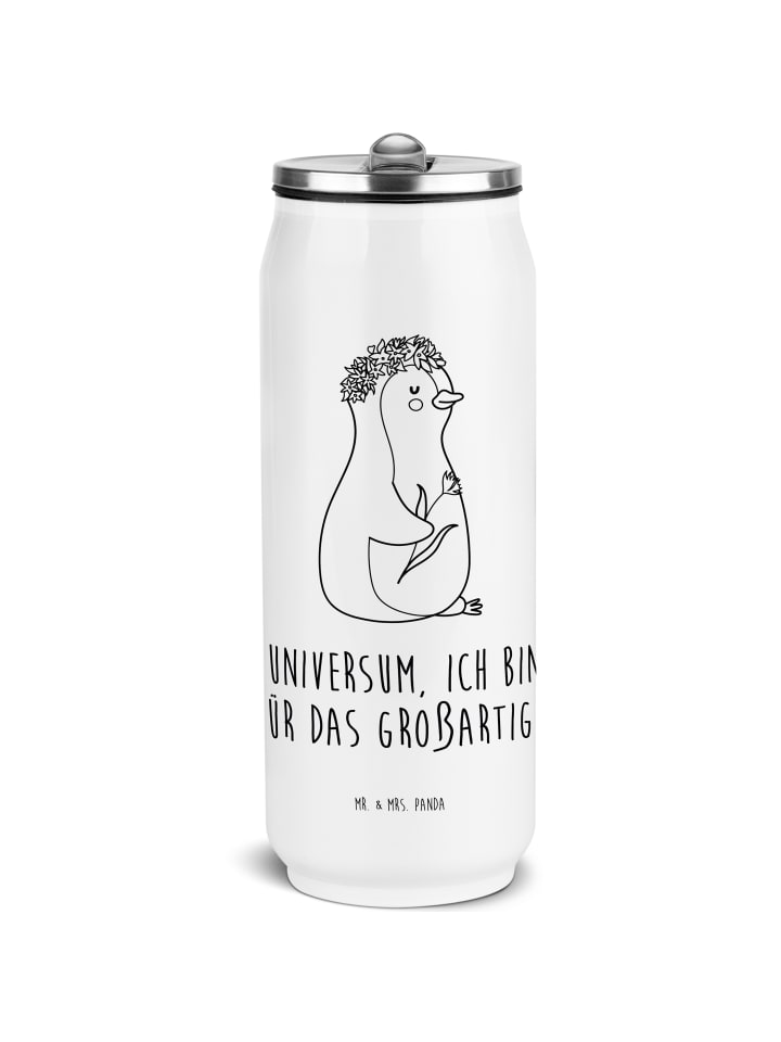 Thermosbecher Pinguin Blumen mit Spruch in Weiß