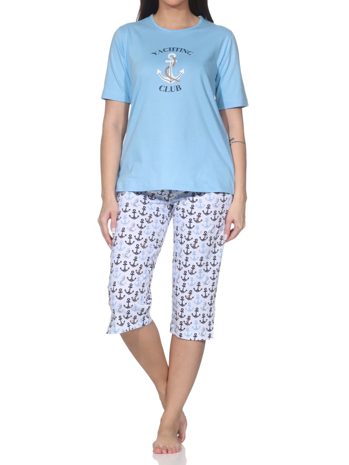 Kurzarm Pyjama Schlafanzug Shorty Maritimer Look in hellblau