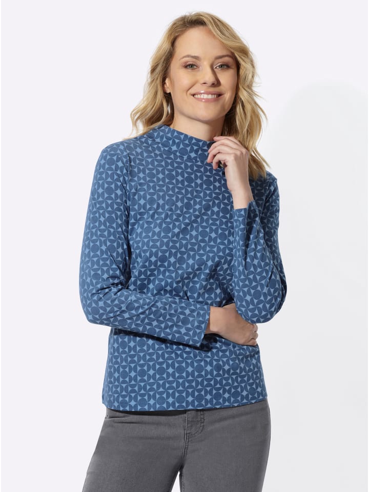 Stehkragen-Shirt in jeansblau-bleu-bedruckt