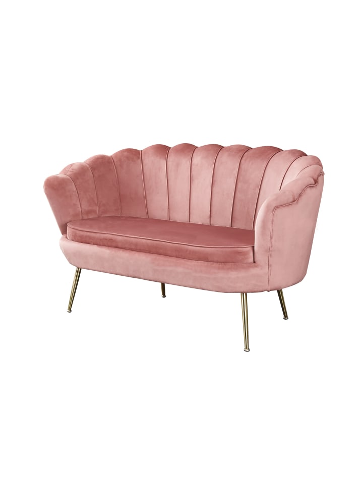 Muschelsofa 2-Sitzer elegant Beine Chrom goldfarben und Samtbezug in Rose