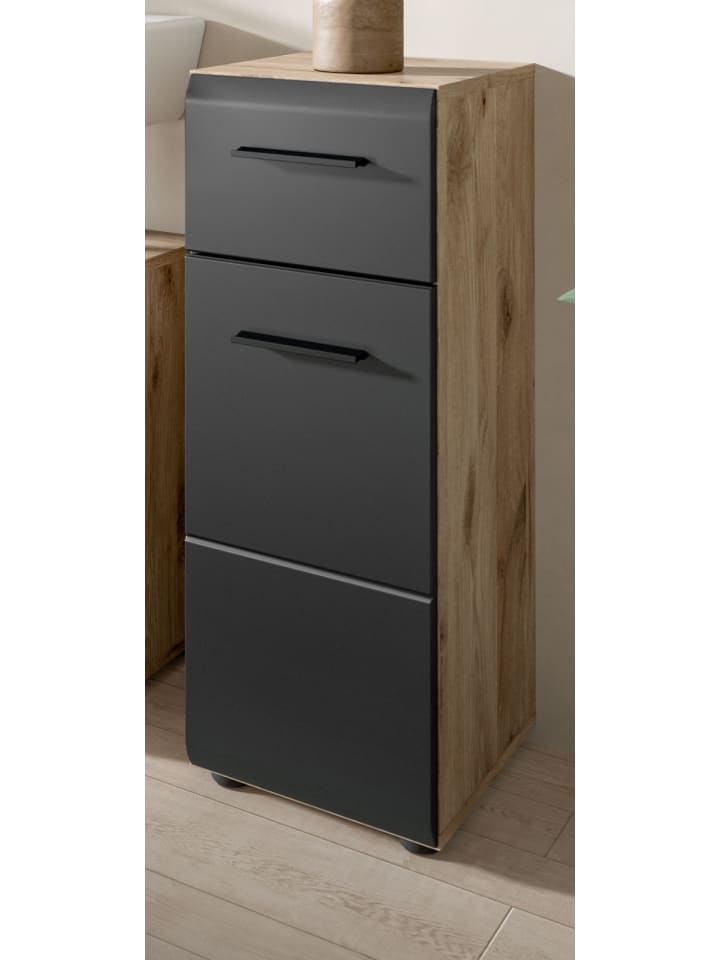 Midischrank schwarz matt, Eiche Nox, Bad Kommode 30 x 80 cm