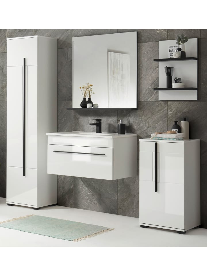Badmöbel-Set weiß Hochglanz schwarz 190 cm, Badkombination mit Waschbecken