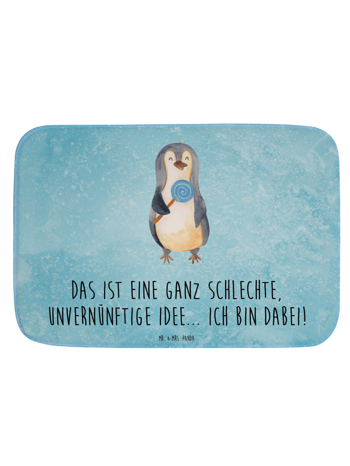 Badematte Pinguin Lolli mit Spruch in Eisblau