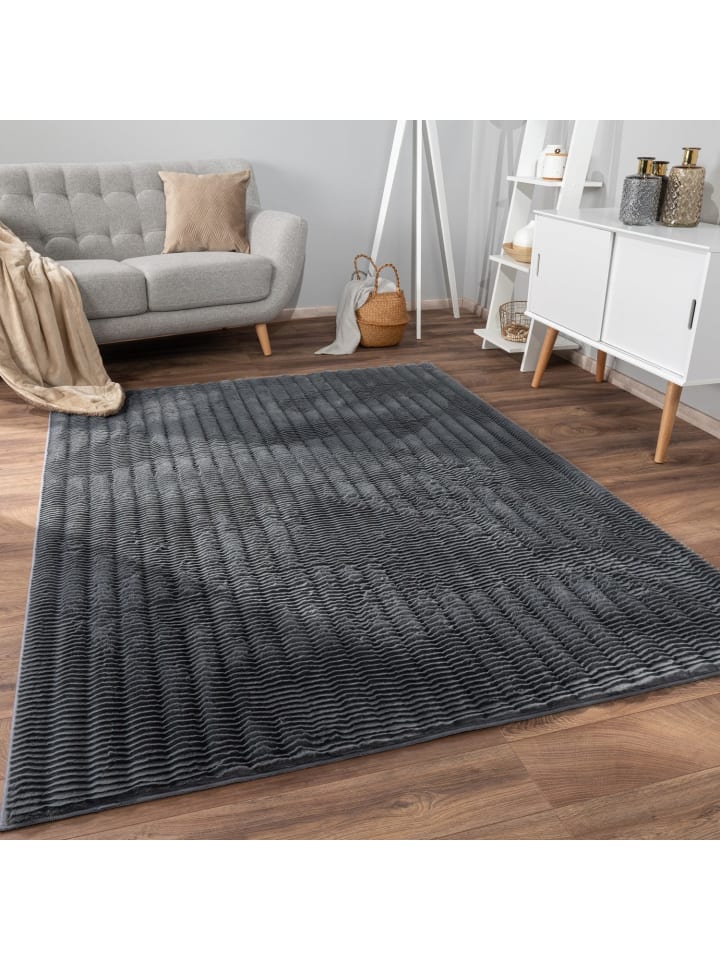 Hochflor Teppich waschbar Unifarben Struktur Schlafzimmer in Anthrazit