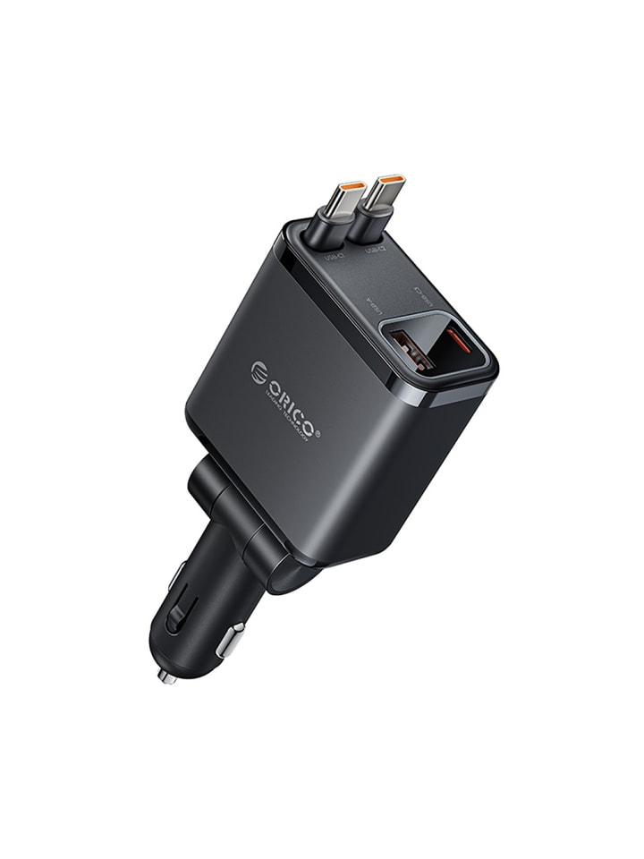 Twin Reach 45W USB-A + USB-C Kfz-Ladegerät mit zwei einziehbaren USB-C-Kabeln