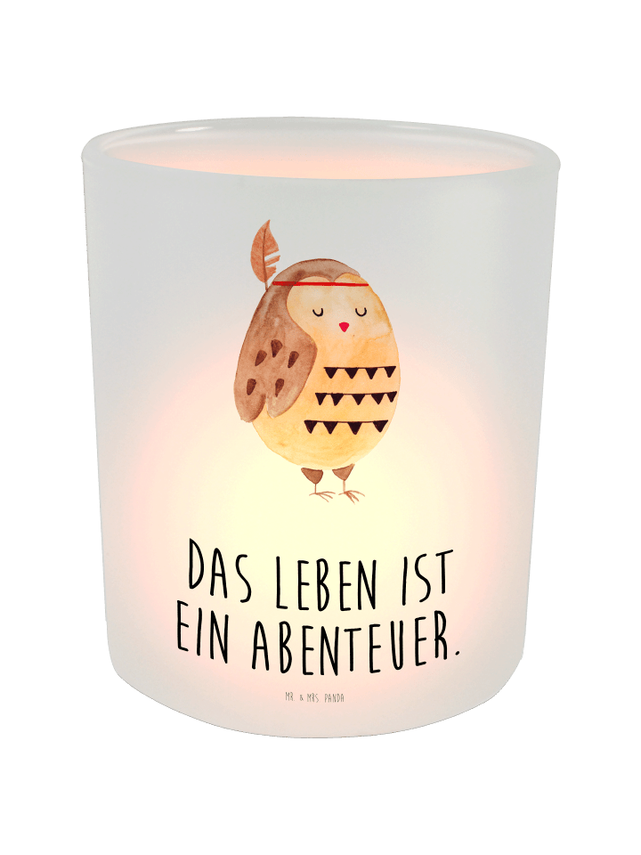 Kerzen Glas Eule Federschmuck mit Spruch in Transparent