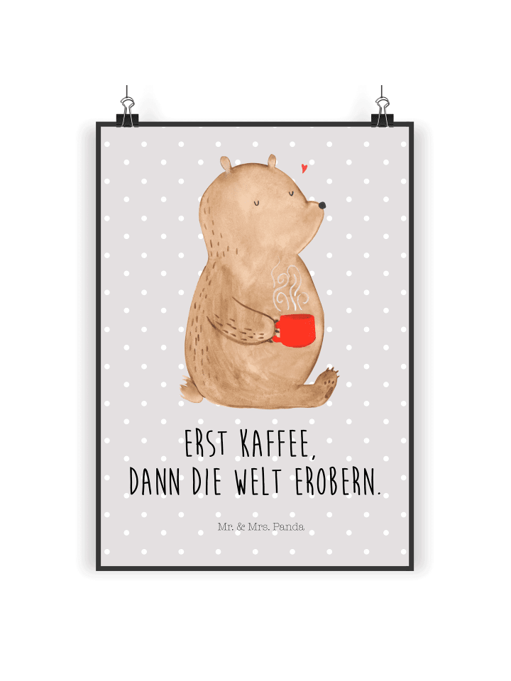 Poster Bär Kaffee mit Spruch in Grau Pastell