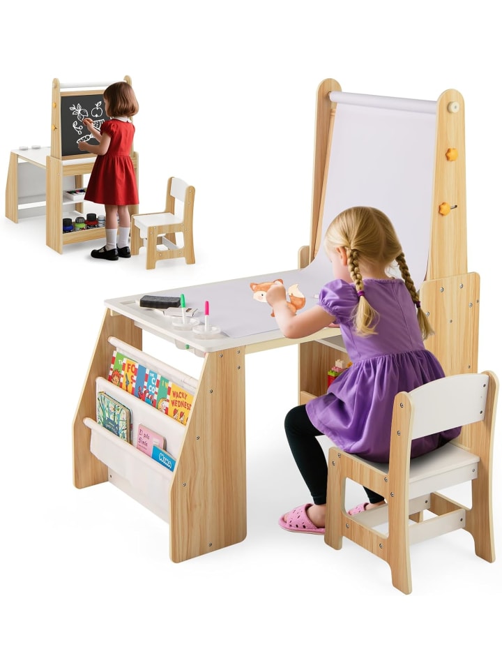 Kindertisch mit Stuhl & Staffelei in Hellbraun