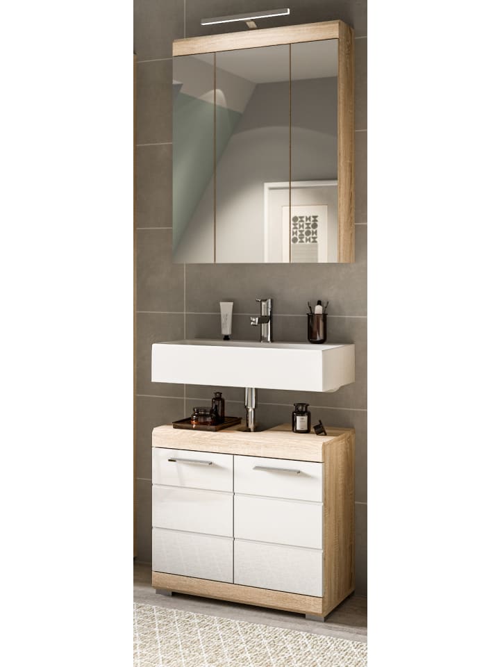 Badmöbel-Set weiß Hochglanz, Eiche 2-teilig 60 cm, Kombination mit 11 Fächern