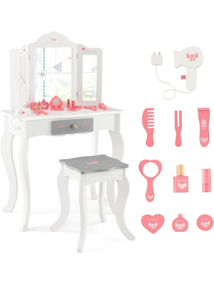 2 in 1 Kinder Schminktisch mit Hocker in Weiß