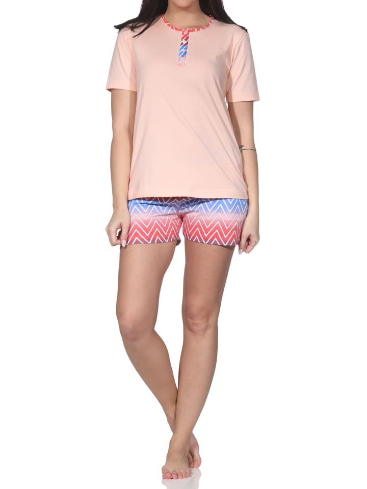 Kurzarm Shorty Schlafanzug Pyjama Übergröße Zick Zack Muster in apricot