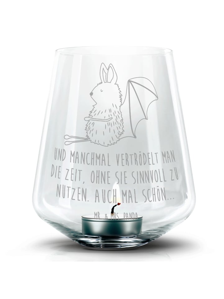 Windlicht Glas Fledermaus Sitzen mit Spruch in Transparent