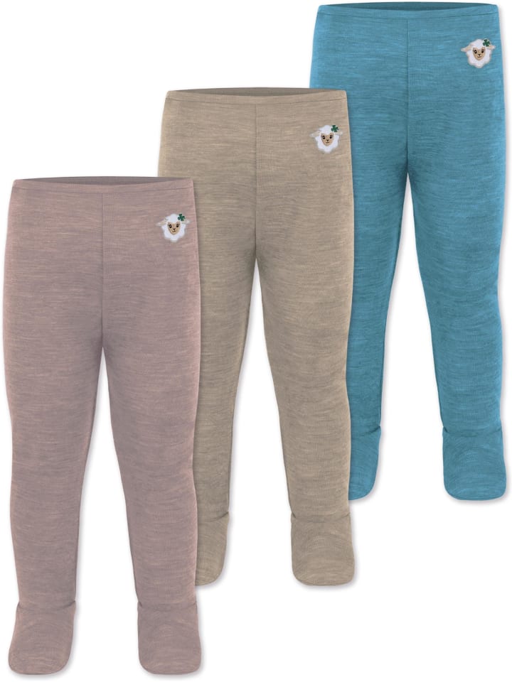 3er Pack Baby Merino Unterhose mit Füßen in Blau/Beige/Rosa