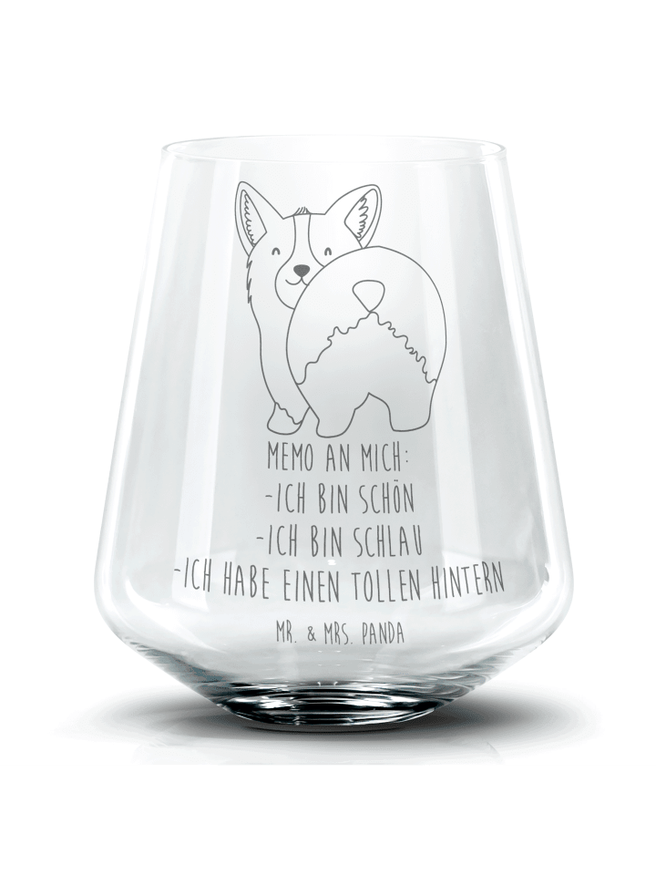 Whiskeyglas Corgi Po mit Spruch in Transparent
