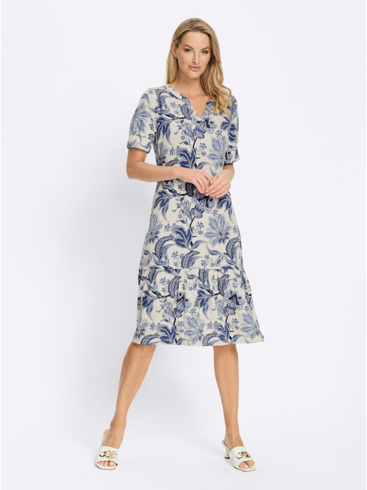 Jersey-Kleid in champagner-marine-bedruckt