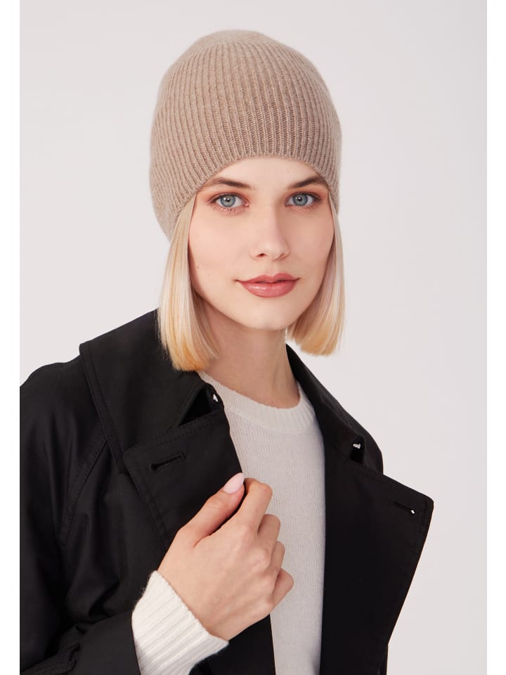 Kaschmir Beanie fein gerippt in nougat