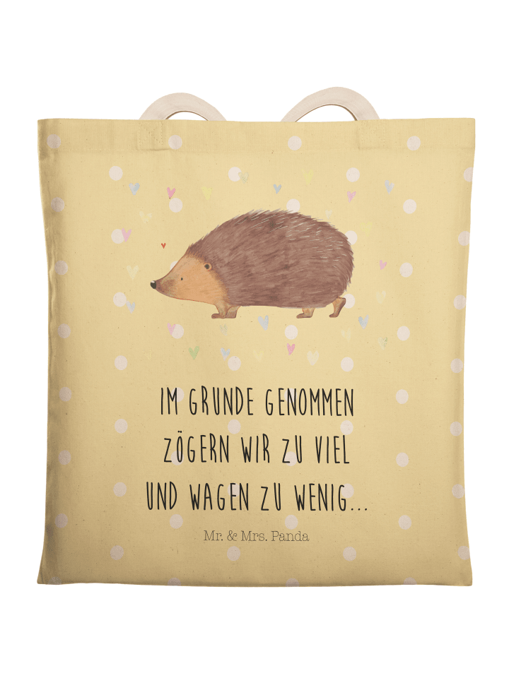 Stofftasche Igel Herzen mit Spruch in Gelb Pastell