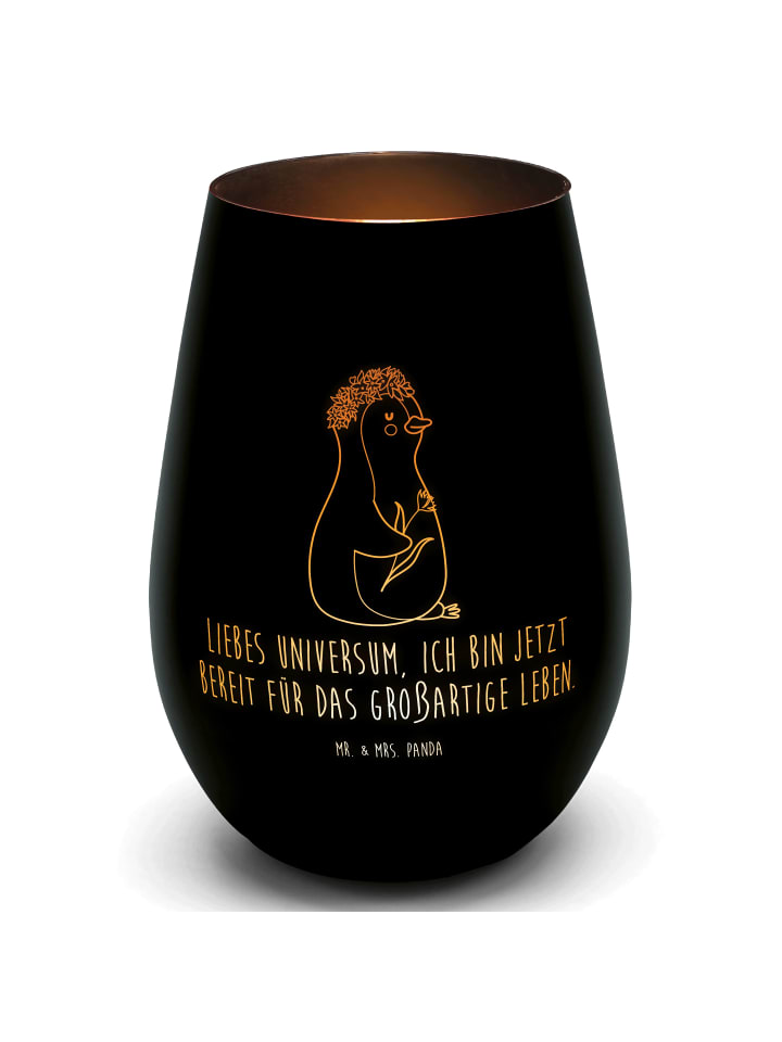 Laterne Pinguin Blumen mit Spruch in Schwarz