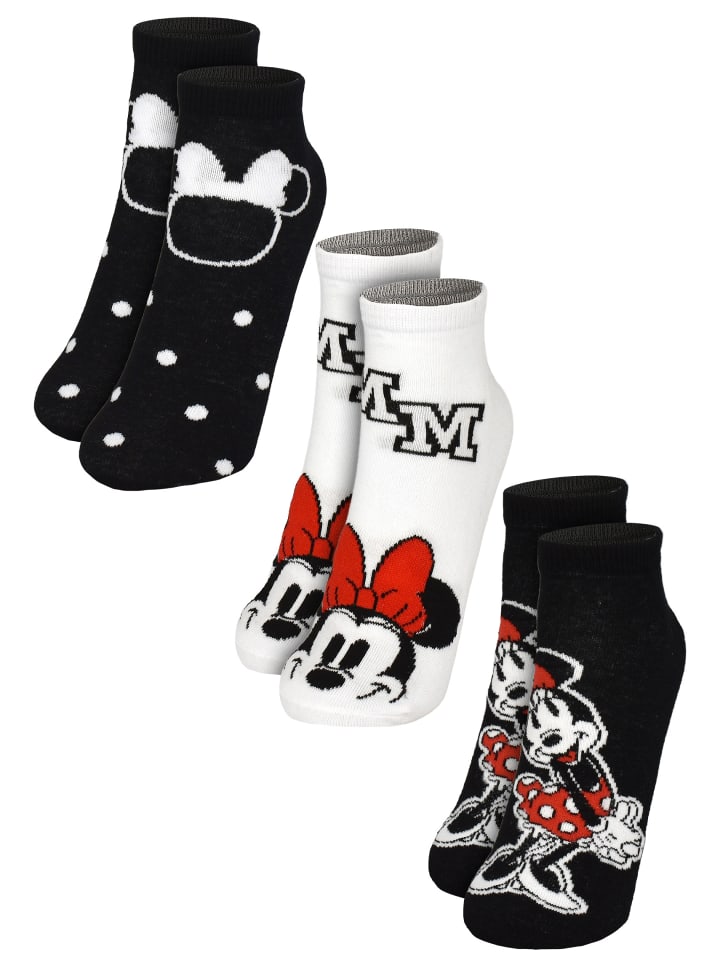 3er Pack Disney Minnie Mouse Socken Sneaker Strümpfe in schwarz/weiß