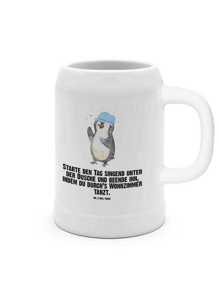 Krug Pinguin Duschen mit Spruch in Weiß