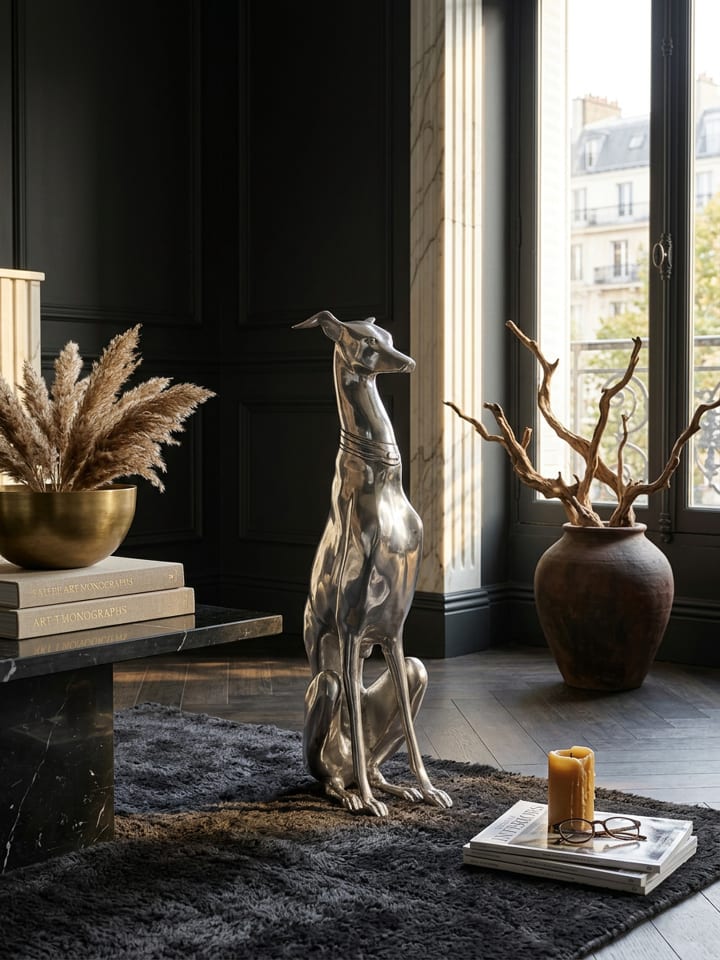 Dekoration Design Dog aus Aluminium silbern Windhund Skulptur
