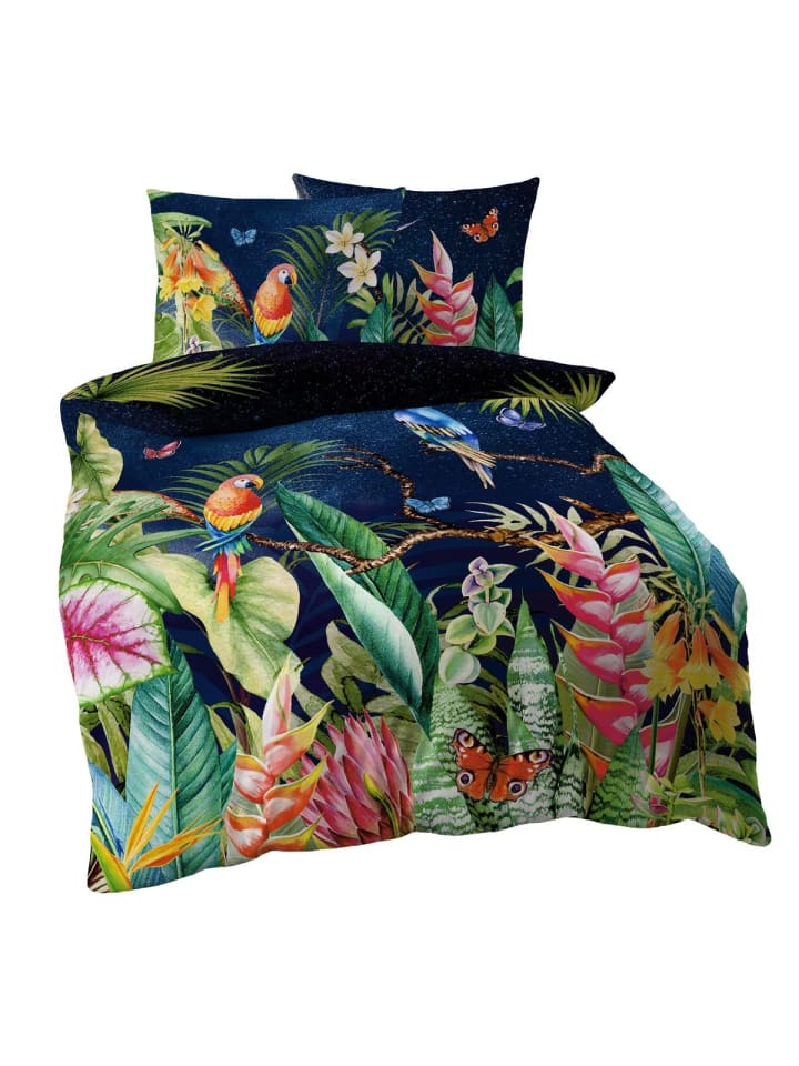 2 tlg. Mako Satin Bettwäsche Tropical in Bunt