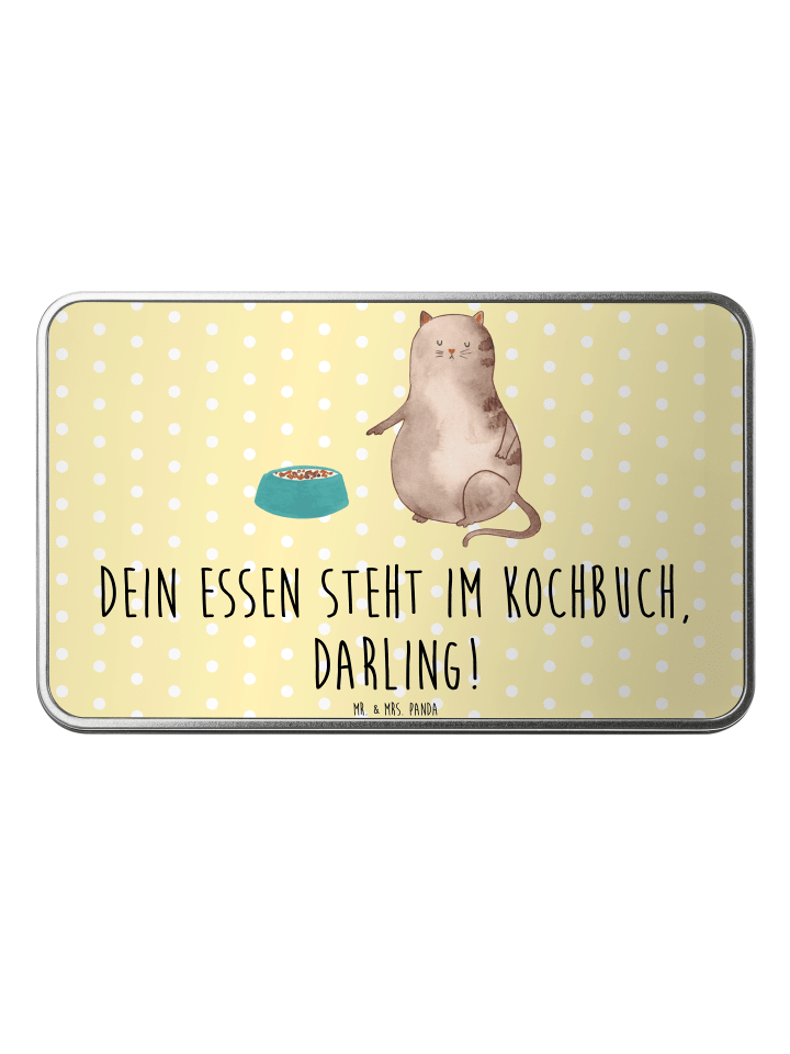 Keksdose Katze Fressen mit Spruch in Gelb Pastell