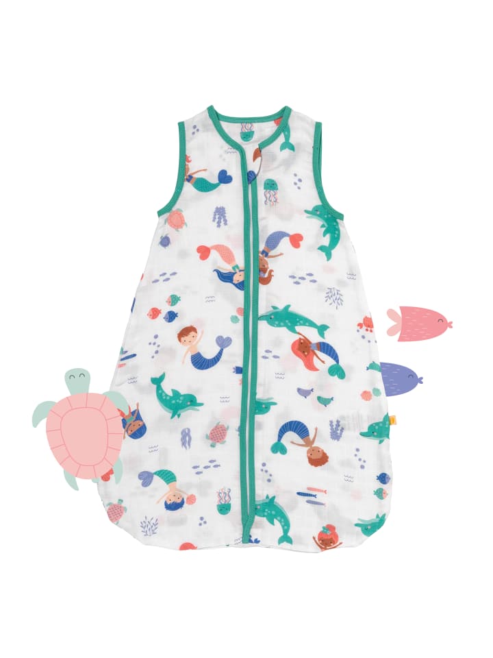 Musselin Babyschlafsack, 0.5 TOG in Weiß-Türkis