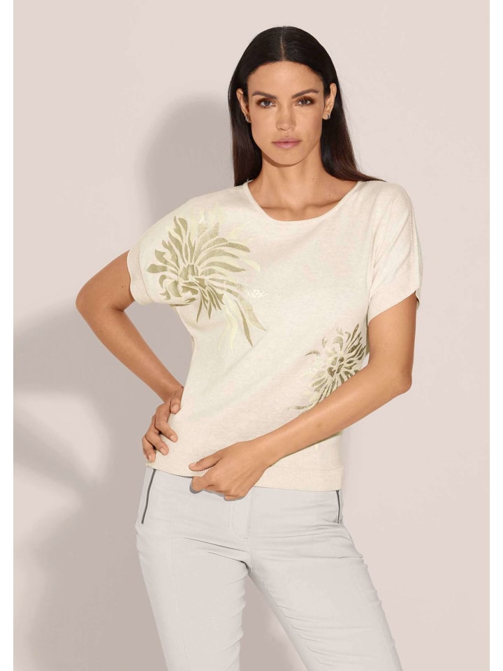 Kurzarm Strickshirt mit Folien-Print in perlweiß / multicolor