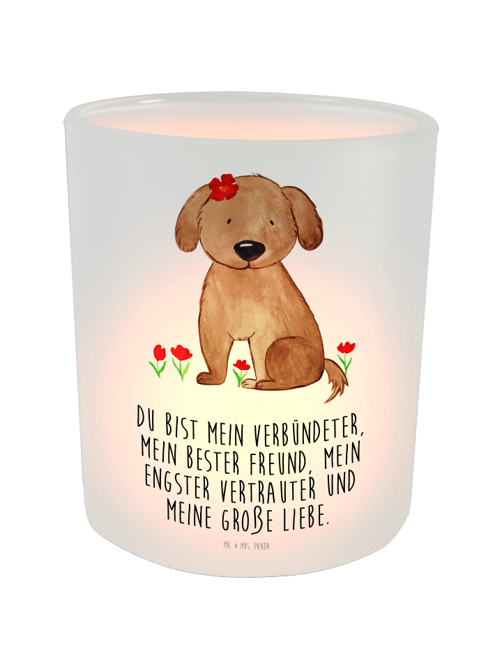 Glas Windlicht Hund Dame mit Spruch in Transparent
