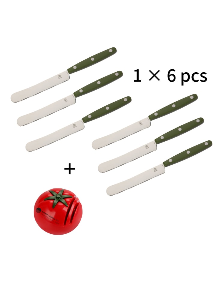 7-er Set 6 PUMA Buckelmesser, Wellenschliff, olive grünem Griff + Rollschleifer