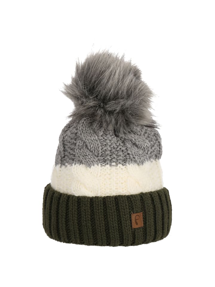 Wintermütze warm gefüttert mit Kunstfell Bommel-Mütze in Grün/Grau
