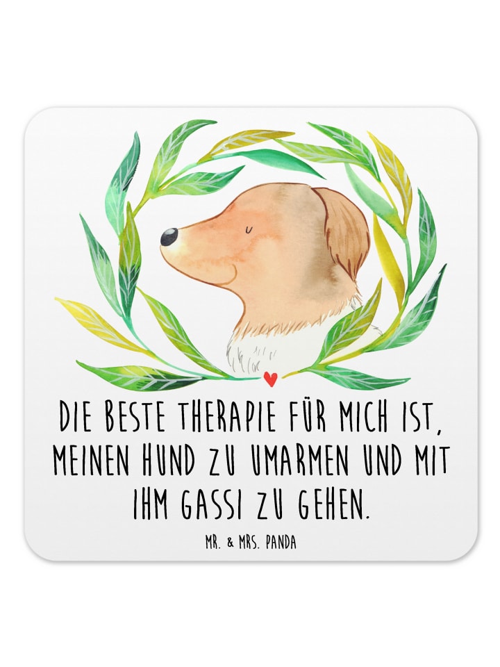 Glasuntersetzer Hund Blumen mit Spruch in Weiß