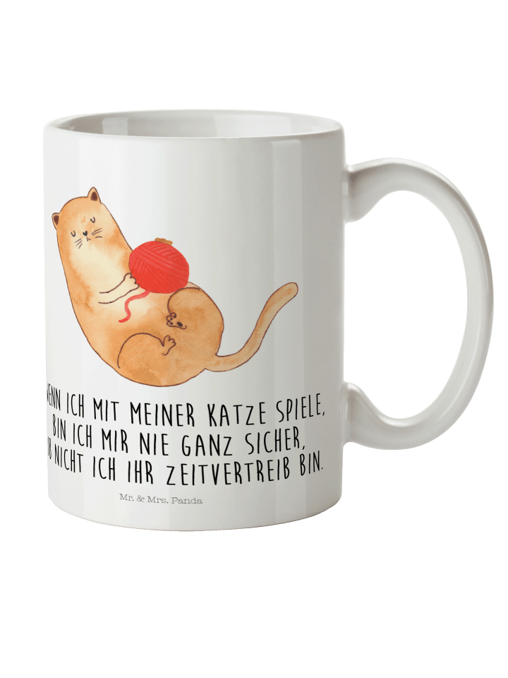 Henkelbecher Katze Wolle mit Spruch in Weiß