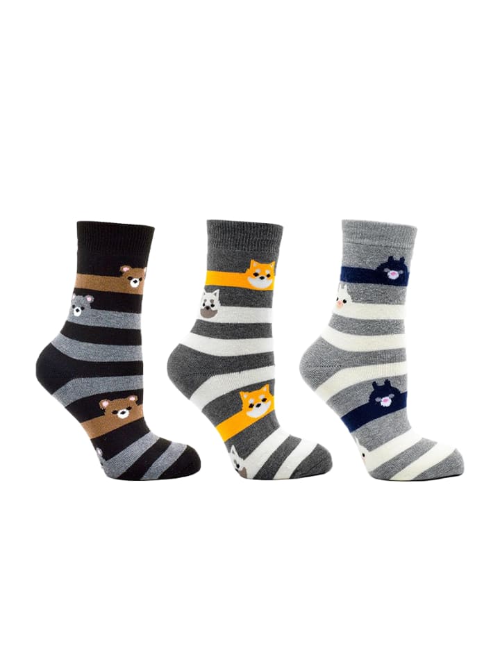 Thermo Socken Damen 3er Pack mit Tiermotiv aus Baumwolle für Winter in Grau