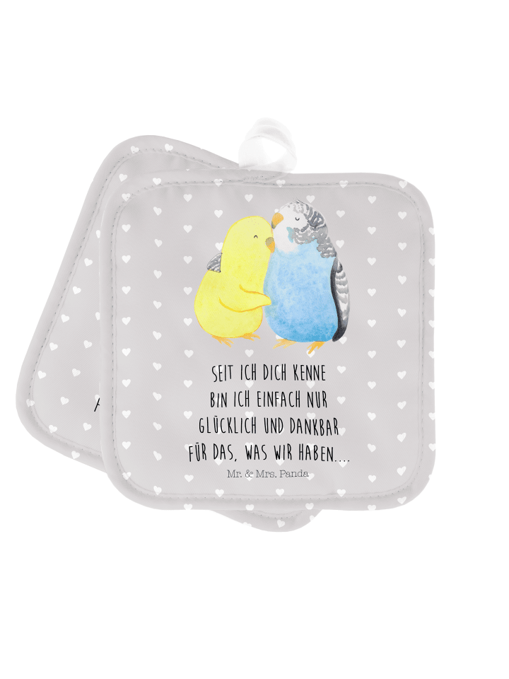 Topflappen Wellensittich Liebe mit Spruch in Grau Pastell