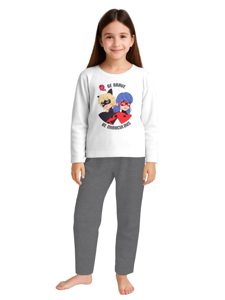 Miraculous Ladybug Schlafanzug Pyjama Set Langarm Oberteil mit Hose in weiß/grau