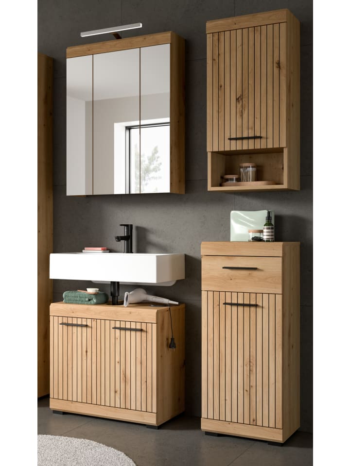 Badmöbel-Set in Eiche Artisan 112 cm 4-teilig, Badschränke mit Rillen-Optik