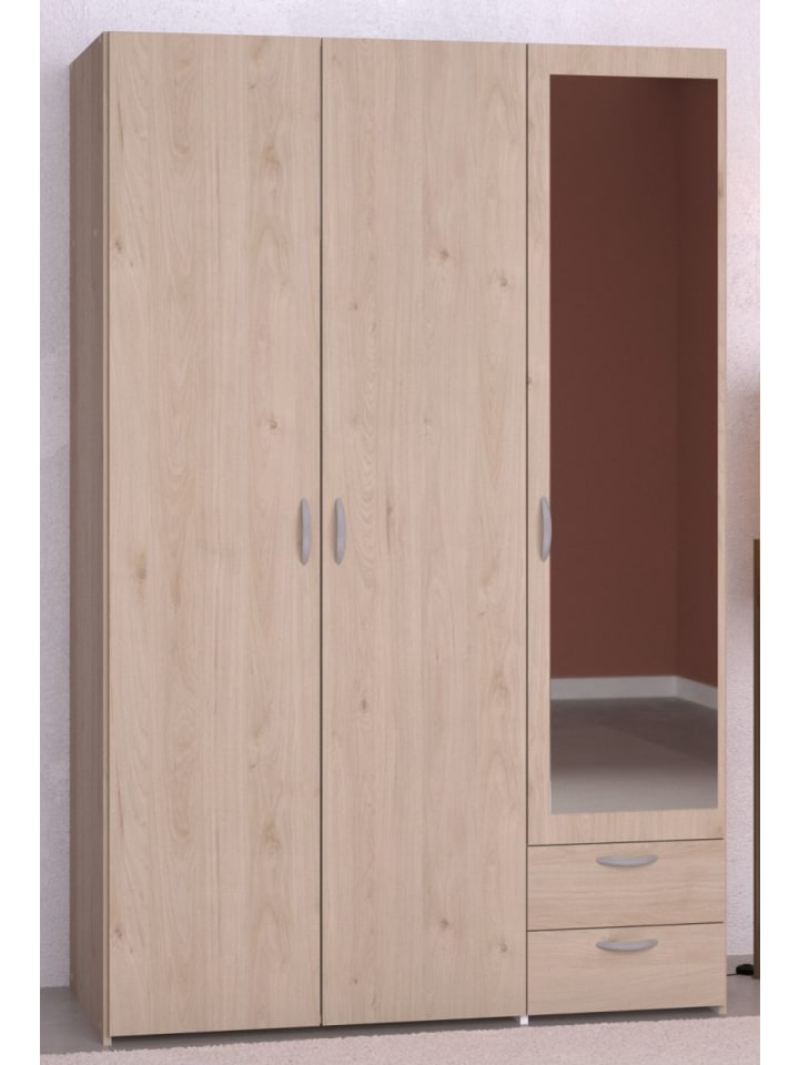 Kleiderschrank mit Spiegel Eiche 120 x 185 cm, Drehtürenschrank mit 3 Türen