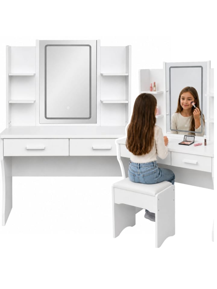 Kosmetiktisch mit LED-Spiegel, Ablagen und Schubladen, Weiß, 140 x 80