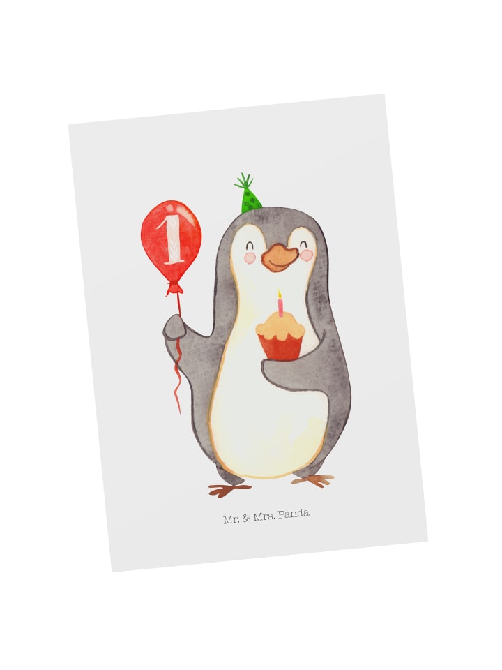Ansichtskarte 1. Geburtstag Pinguin Luftballon ... in Weiß